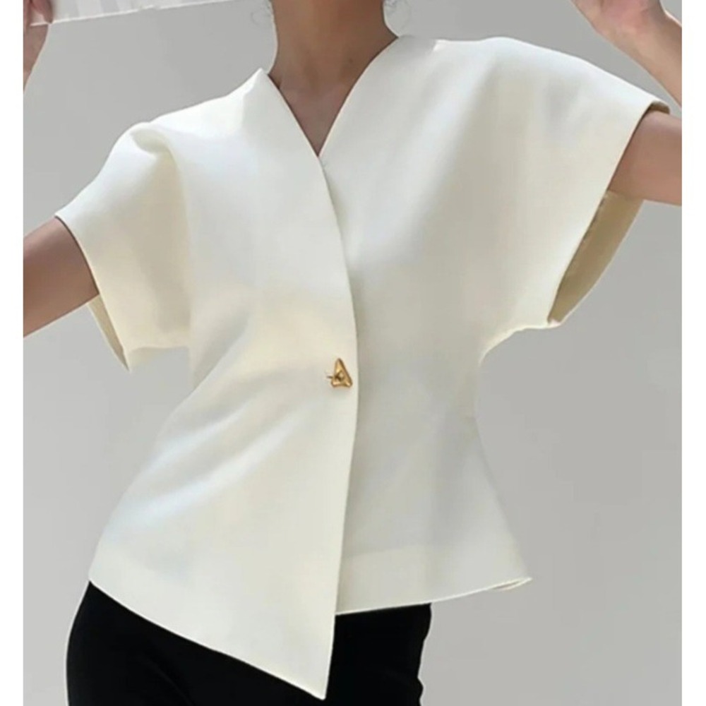 COMMENSE V-Neck Unique Asymmetrical Blouse Button Closure- L